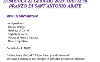 DOMENICA 22 GENNAIO 2023 ORE 12:30 INVITO AL PRANZO DI SANT’ANTONIO