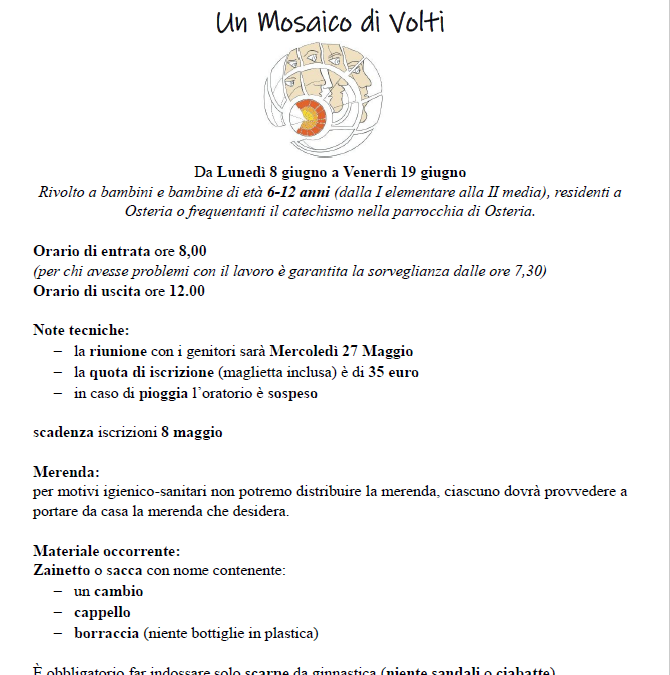 ORATORIO 2026 dall’ 8 al 19 giugno 2026